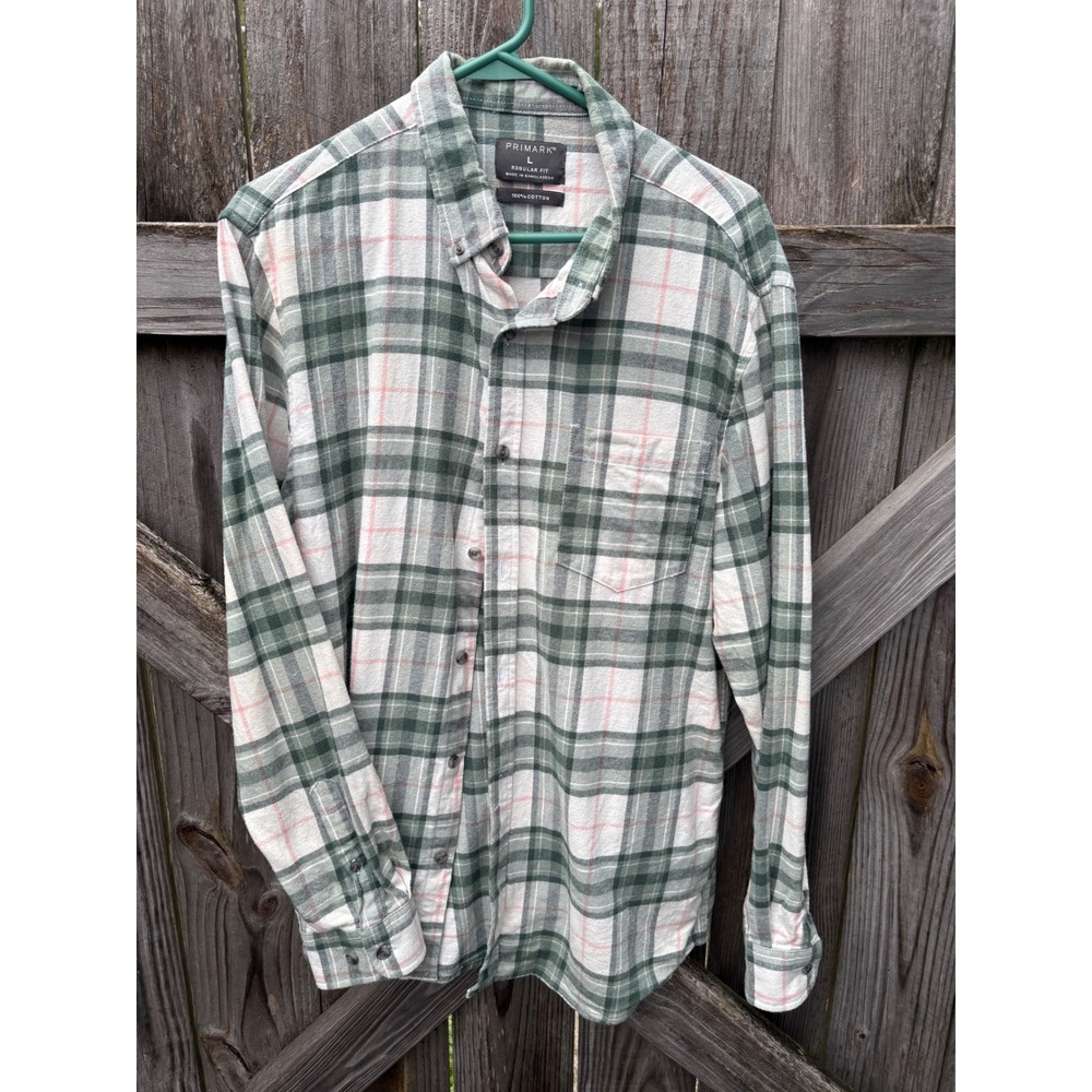 Primark Green White Pink Plaid Flannel Button Down Shirt Regular Fit Large